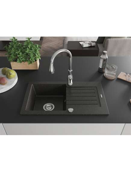 Mexen Pablo zlewozmywak granitowy 1-komorowy z ociekaczem i baterią kuchenną Savita, czarny/złoty metalik - 6510-75-672601-00, 3 image