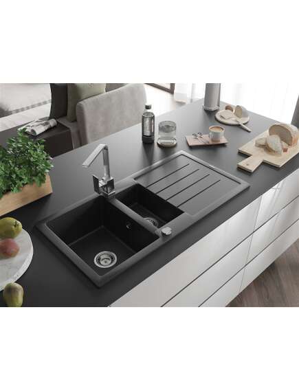 Mexen Andres zlewozmywak granitowy 1,5-komorowy z ociekaczem i baterią kuchenną Rita, czarny/srebrny metalik - 6515-73-670300-00, изображение 2