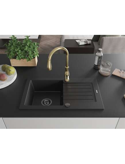 Mexen Pablo zlewozmywak granitowy 1-komorowy z ociekaczem i baterią kuchenną Savita, czarny - 6510-77-672601-50-B, 3 image