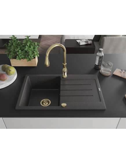 Mexen Bruno zlewozmywak granitowy 1-komorowy z ociekaczem i baterią kuchenną Savita, czarny nakrapiany - 6513-76-672601-50, 3 image