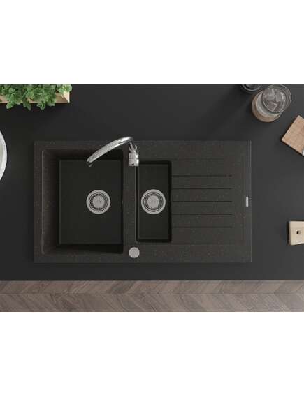 Mexen Matias zlewozmywak granitowy 1,5-komorowy z ociekaczem i baterią kuchenną Telma, czarny/złoty - 6502-75-670200-00, 4 image