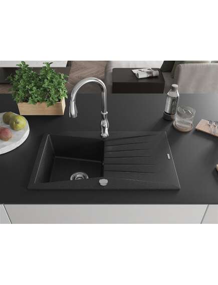 Mexen Cesar zlewozmywak granitowy 1-komorowy z ociekaczem i baterią kuchenną Savita, czarny/srebrny metalik - 6514-73-672601-00, 3 image