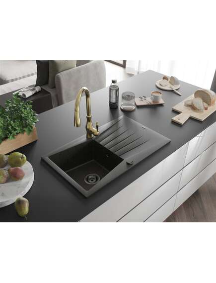 Mexen Cesar zlewozmywak granitowy 1-komorowy z ociekaczem i baterią kuchenną Savita, czarny/złoty metalik - 6514-75-672601-50-B, 2 image