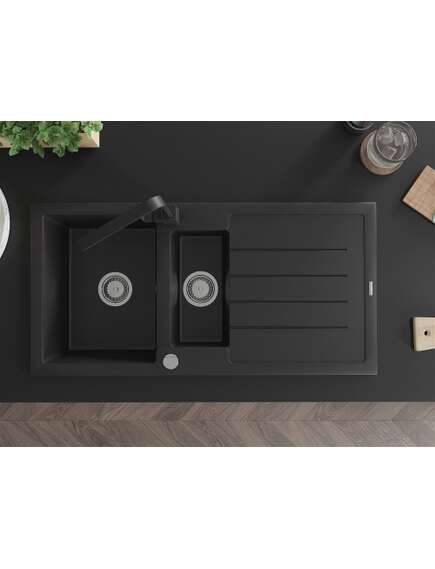 Mexen Andres zlewozmywak granitowy 1,5-komorowy z ociekaczem i baterią kuchenną Rita, czarny/złoty metalik- 6515-75-670300-70, 4 image