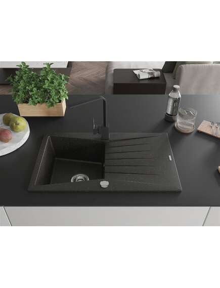 Mexen Cesar zlewozmywak granitowy 1-komorowy z ociekaczem i baterią kuchenną Rita, czarny/złoty metalik - 6514-75-670300-70, 3 image