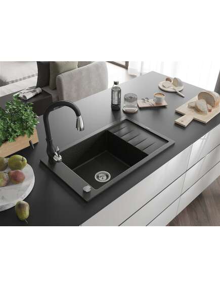 Mexen Elias zlewozmywak granitowy 1-komorowy z ociekaczem i baterią kuchenną Savita, czarny/złoty metalik - 6511-75-672601-70, 2 image