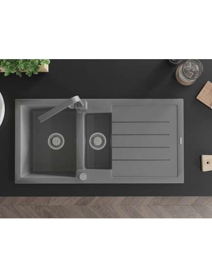Mexen Andres zlewozmywak granitowy 1,5-komorowy z ociekaczem i baterią kuchenną Rita, szary - 6515-71-670300-71, 4 image
