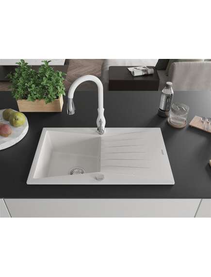 Mexen Cesar zlewozmywak granitowy 1-komorowy z ociekaczem i baterią kuchenną Savita, biały - 6514-20-672601-20, изображение 3