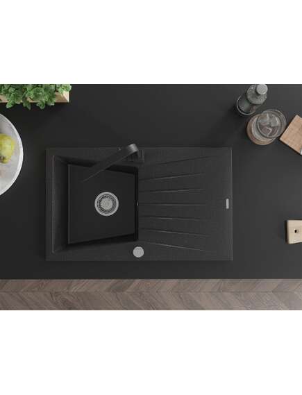 Mexen Cesar zlewozmywak granitowy 1-komorowy z ociekaczem i baterią kuchenną Rita, czarny/srebrny metalik - 6514-73-670300-70, 4 image