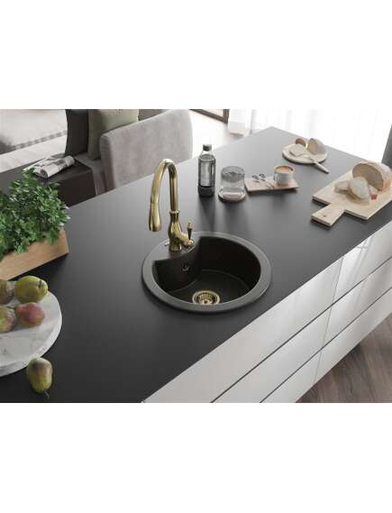 Mexen Diego zlewozmywak granitowy 1-komorowy z baterią kuchenną Savita, czarny/złoty metalik - 6512-75-672601-50, 2 image