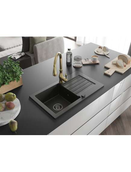 Mexen Pablo zlewozmywak granitowy 1-komorowy z ociekaczem i baterią kuchenną Savita, czarny/złoty metalik - 6510-75-672601-50-B, 2 image