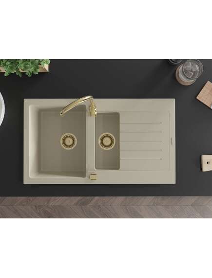 Mexen Matias zlewozmywak granitowy 1,5-komorowy z ociekaczem i baterią kuchenną Telma, beżowy - 6502-69-670200-50, 4 image