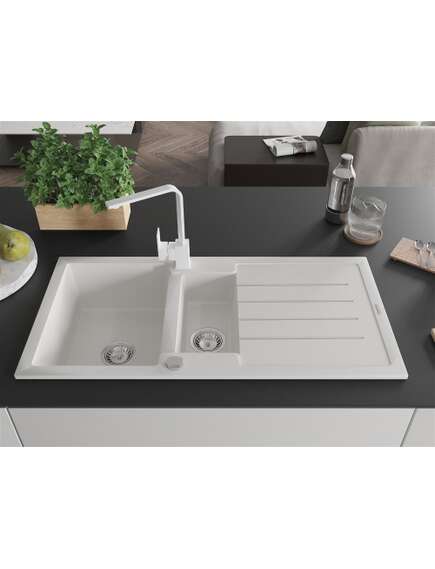 Mexen Andres zlewozmywak granitowy 1,5-komorowy z ociekaczem i baterią kuchenną Rita, biały - 6515-20-670300-20, изображение 3