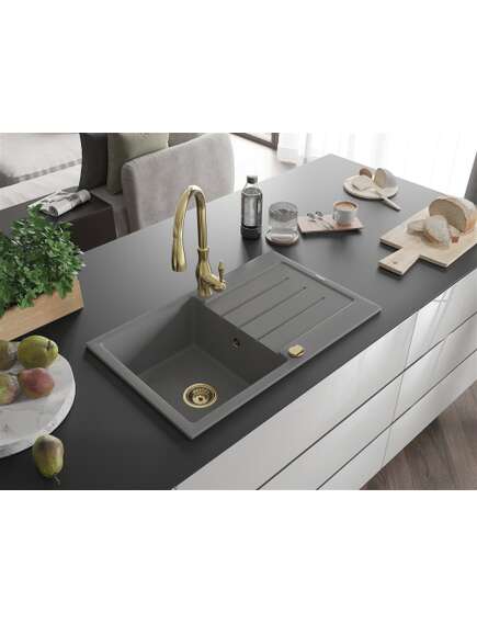 Mexen Bruno zlewozmywak granitowy 1-komorowy z ociekaczem i baterią kuchenną Savita, szary - 6513-71-672601-50, 2 image