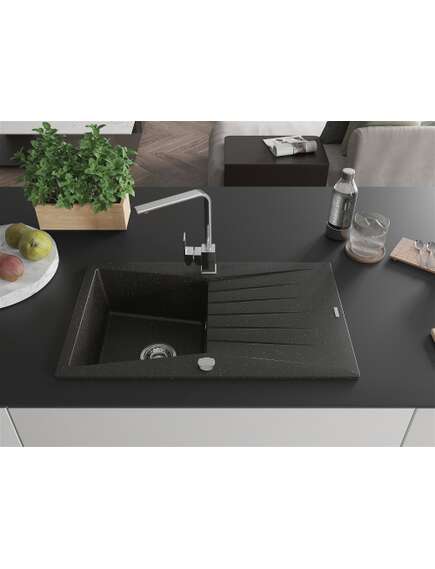 Mexen Cesar zlewozmywak granitowy 1-komorowy z ociekaczem i baterią kuchenną Rita, czarny/złoty metalik - 6514-75-670300-00, 3 image