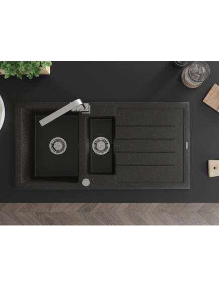 Mexen Andres zlewozmywak granitowy 1,5-komorowy z ociekaczem i baterią kuchenną Rita, czarny/złoty metalik- 6515-75-670300-00, 4 image