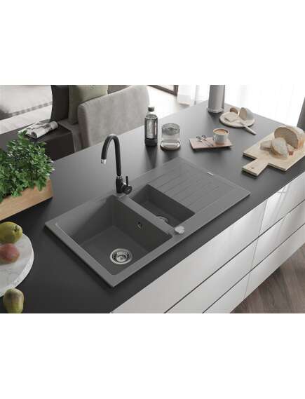 Mexen Matias zlewozmywak granitowy 1,5-komorowy z ociekaczem i baterią kuchenną Telma, szary - 6502-71-670200-70, 2 image