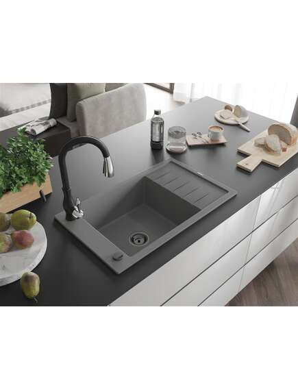 Mexen Elias zlewozmywak granitowy 1-komorowy z ociekaczem i baterią kuchenną Savita, szary - 6511-71-672601-70-B, 2 image