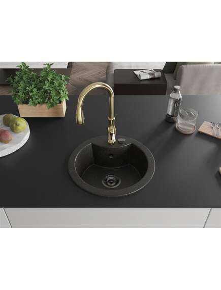 Mexen Diego zlewozmywak granitowy 1-komorowy z baterią kuchenną Savita, czarny/złoty metalik - 6512-75-672601-50-B, 3 image