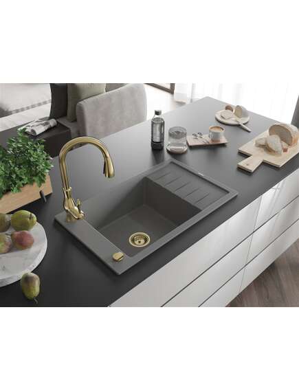 Mexen Elias zlewozmywak granitowy 1-komorowy z ociekaczem i baterią kuchenną Savita, szary - 6511-71-672601-50, 2 image