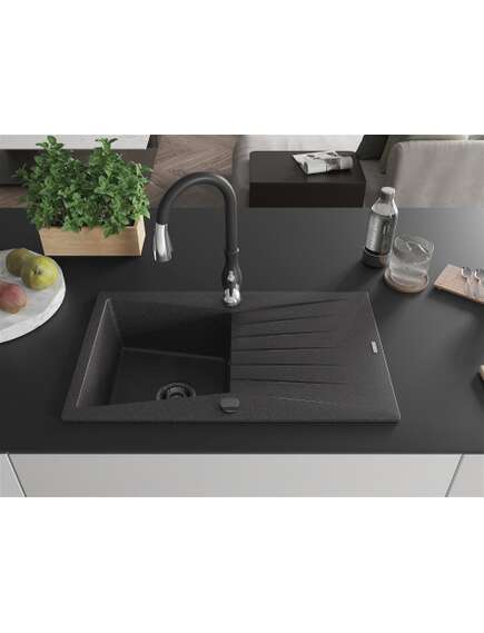 Mexen Cesar zlewozmywak granitowy 1-komorowy z ociekaczem i baterią kuchenną Savita, czarny nakrapiany - 6514-76-672601-70-B, изображение 3