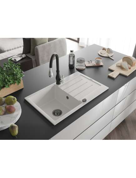 Mexen Bruno zlewozmywak granitowy 1-komorowy z ociekaczem i baterią kuchenną Savita, biały - 6513-20-672601-70, изображение 2