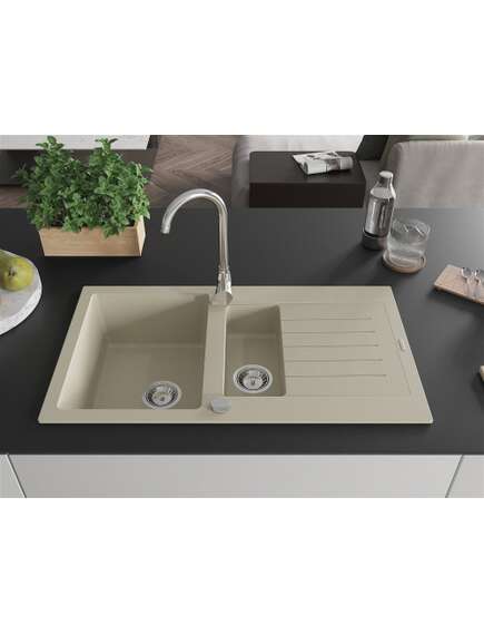 Mexen Matias zlewozmywak granitowy 1,5-komorowy z ociekaczem i baterią kuchenną Telma, beżowy - 6502-69-670200-00, 3 image