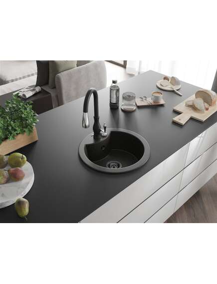 Mexen Diego zlewozmywak granitowy 1-komorowy z baterią kuchenną Savita, czarny/złoty metalik - 6512-75-672601-70-B, 2 image