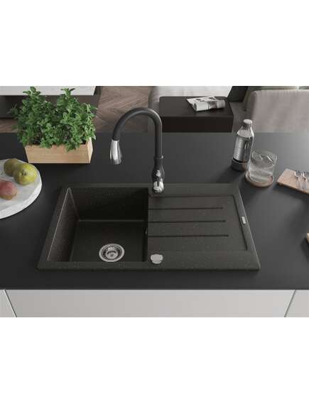 Mexen Bruno zlewozmywak granitowy 1-komorowy z ociekaczem i baterią kuchenną Savita, czarny/zloty metalik - 6513-75-672601-70, 3 image