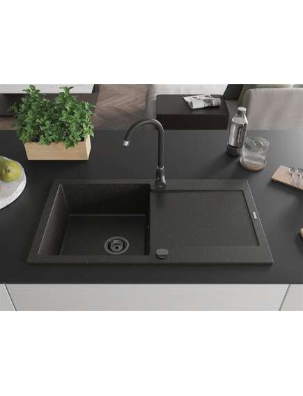 Mexen Leo zlewozmywak granitowy 1-komorowy z ociekaczem i baterią kuchenną Telma, czarny/złoty metalik - 6501-75-670200-70-B, изображение 2