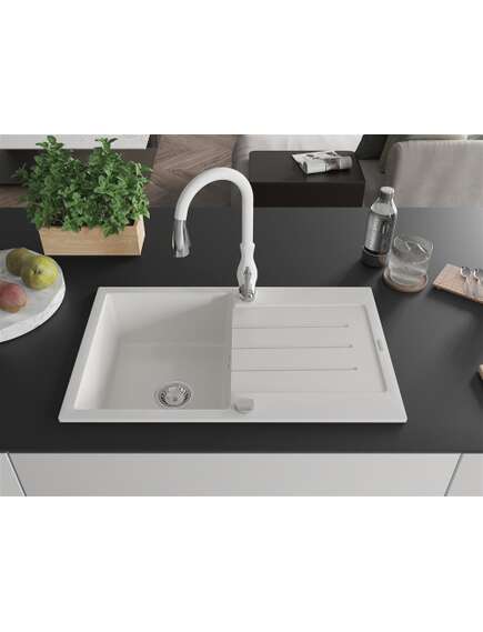 Mexen Bruno zlewozmywak granitowy 1-komorowy z ociekaczem i baterią kuchenną Savita, biały - 6513-20-672601-20, изображение 3