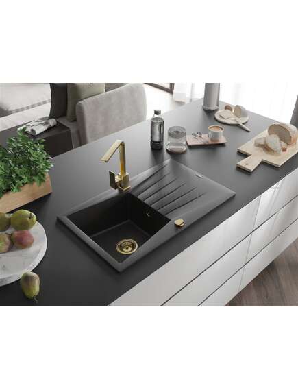 Mexen Cesar zlewozmywak granitowy 1-komorowy z ociekaczem i baterią kuchenną Rita, czarny/srebrny metalik - 6514-73-670300-50, 2 image