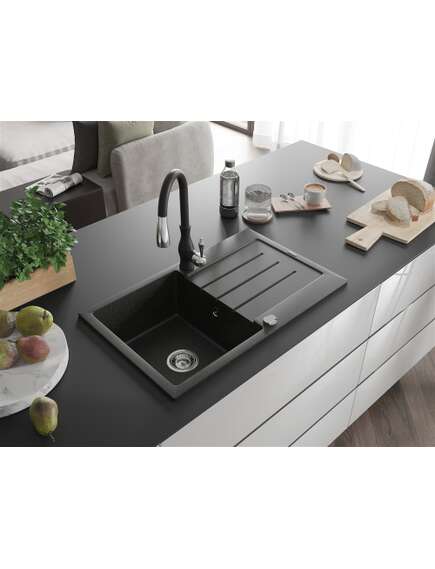 Mexen Bruno zlewozmywak granitowy 1-komorowy z ociekaczem i baterią kuchenną Savita, czarny/zloty metalik - 6513-75-672601-70, 2 image