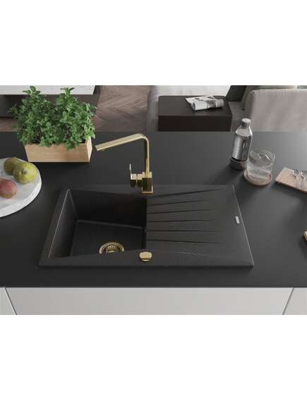 Mexen Cesar zlewozmywak granitowy 1-komorowy z ociekaczem i baterią kuchenną Rita, czarny/srebrny metalik - 6514-73-670300-50, 3 image