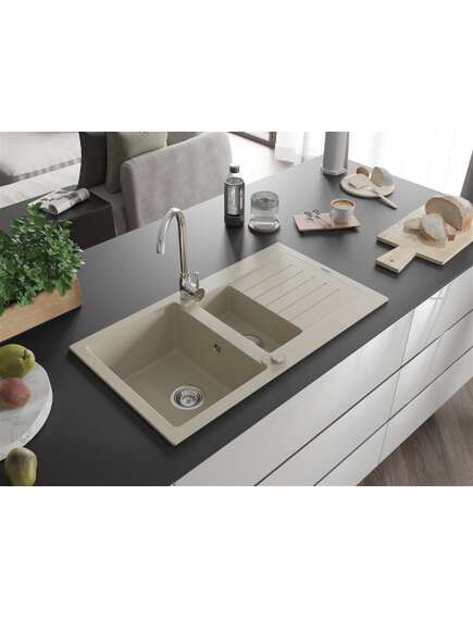 Mexen Matias zlewozmywak granitowy 1,5-komorowy z ociekaczem i baterią kuchenną Telma, beżowy - 6502-69-670200-00, 2 image