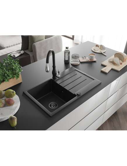 Mexen Bruno zlewozmywak granitowy 1-komorowy z ociekaczem i baterią kuchenną Savita, czarny/srebrny - 6513-73-672601-70-B, 2 image