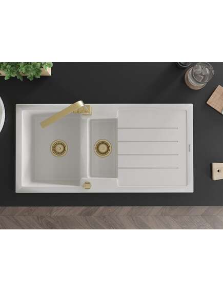 Mexen Andres zlewozmywak granitowy 1,5-komorowy z ociekaczem i baterią kuchenną Rita, biały - 6515-20-670300-50, изображение 4