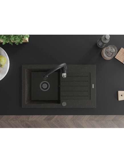Mexen Pablo zlewozmywak granitowy 1-komorowy z ociekaczem i baterią kuchenną Savita, czarny/złoty metalik - 6510-75-672601-70-B, 4 image