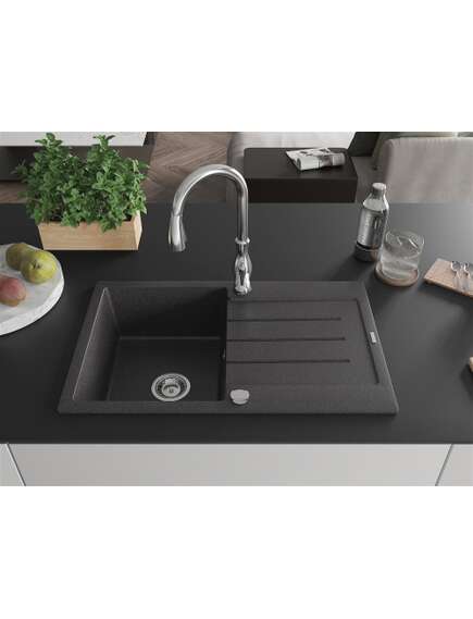 Mexen Bruno zlewozmywak granitowy 1-komorowy z ociekaczem i baterią kuchenną Savita, czarny nakrapiany - 6513-76-672601-00, 3 image