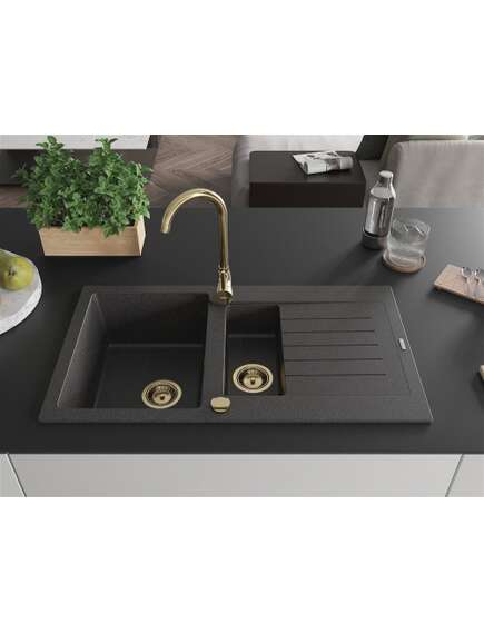 Mexen Matias zlewozmywak granitowy 1,5-komorowy z ociekaczem i baterią kuchenną Telma, czarny nakrapiany - 6502-76-670200-50, 3 image