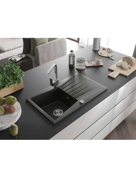 Mexen Cesar zlewozmywak granitowy 1-komorowy z ociekaczem i baterią kuchenną Rita, czarny/złoty metalik - 6514-75-670300-00, 2 image