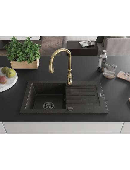 Mexen Pablo zlewozmywak granitowy 1-komorowy z ociekaczem i baterią kuchenną Savita, czarny/złoty metalik - 6510-75-672601-50-B, 3 image