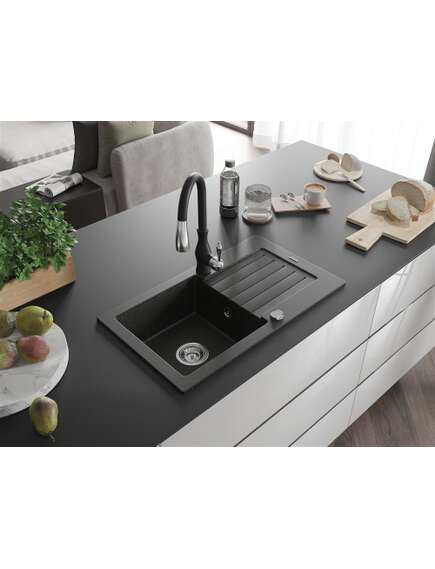 Mexen Pablo zlewozmywak granitowy 1-komorowy z ociekaczem i baterią kuchenną Savita, czarny/złoty metalik - 6510-75-672601-70, 2 image