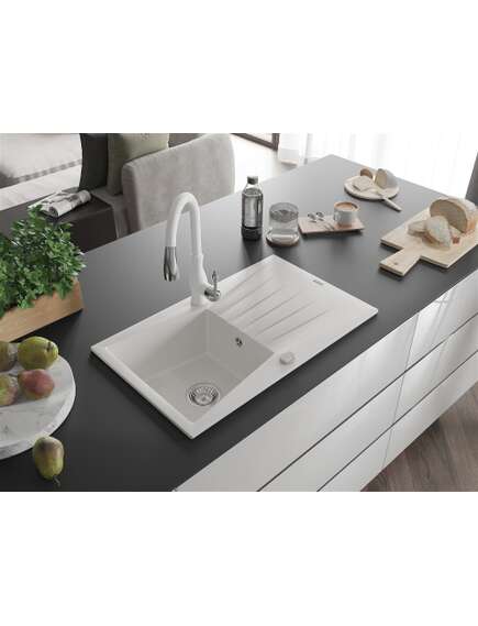 Mexen Cesar zlewozmywak granitowy 1-komorowy z ociekaczem i baterią kuchenną Savita, biały - 6514-20-672601-20, изображение 2