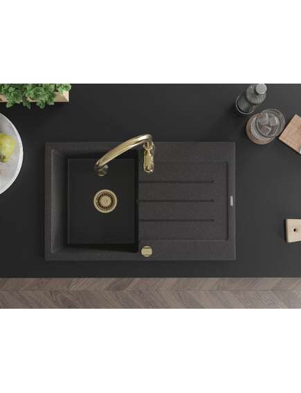 Mexen Bruno zlewozmywak granitowy 1-komorowy z ociekaczem i baterią kuchenną Savita, czarny nakrapiany - 6513-76-672601-50, 4 image
