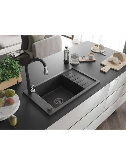Mexen Elias zlewozmywak granitowy 1-komorowy z ociekaczem i baterią kuchenną Savita, czarny nakrapiany - 6511-76-672601-70-B, изображение 2