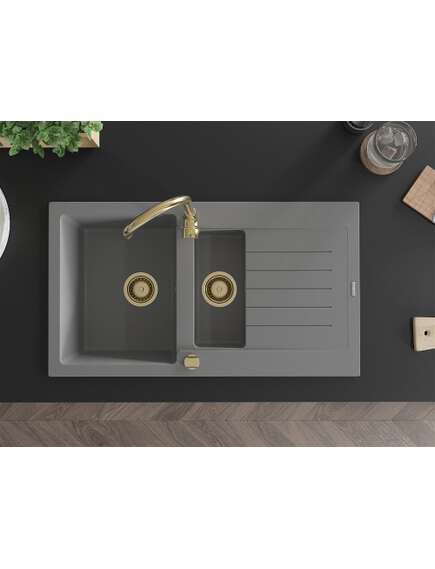 Mexen Matias zlewozmywak granitowy 1,5-komorowy z ociekaczem i baterią kuchenną Telma, szary - 6502-71-670200-50, 4 image