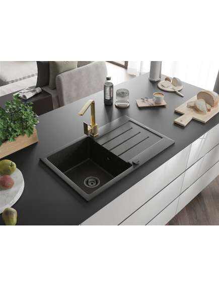 Mexen Bruno zlewozmywak granitowy 1-komorowy z ociekaczem i baterią kuchenną Rita, czarny/złoty metalik - 6513-75-670300-50-B, 2 image