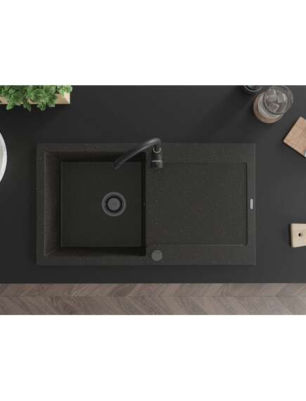 Mexen Leo zlewozmywak granitowy 1-komorowy z ociekaczem i baterią kuchenną Telma, czarny/złoty metalik - 6501-75-670200-70-B, изображение 4