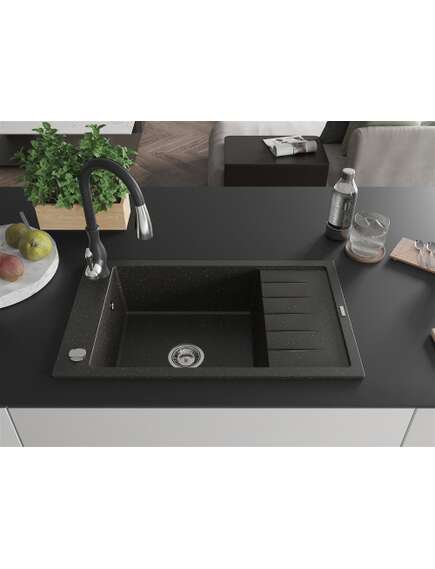 Mexen Elias zlewozmywak granitowy 1-komorowy z ociekaczem i baterią kuchenną Savita, czarny/złoty metalik - 6511-75-672601-70, 3 image